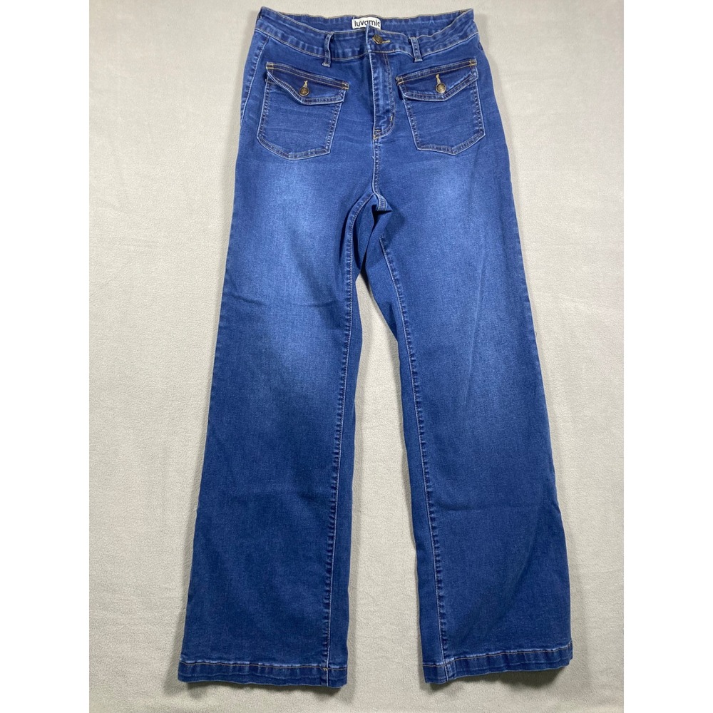 luvamia Jeans Womens Size Large Blue Wide Leg High Rise LC7875127-P905 Stretch